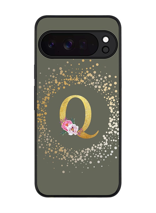 For Google Pixel 10 Pro XL Case,Slim fit Camera Protection, Shockproof Thin Phone cover  - Custom Monogram Floral - Q  (Olive Green )